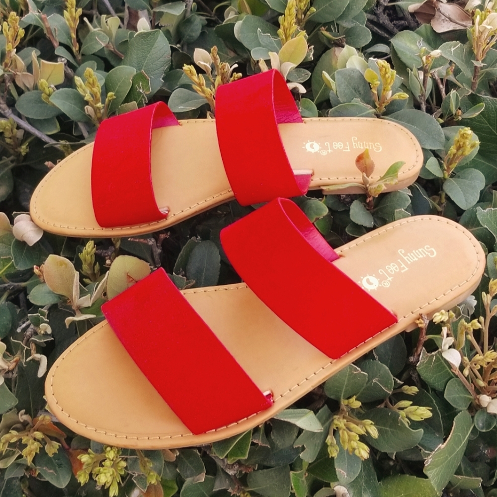 New Red Dual Band Open Toe Slip On Sandal Slides